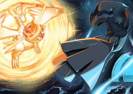 HD desktop wallpaper and background featuring a dynamic battle between the Pokémon Zekrom and Reshiram, illustrated in an anime style.