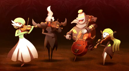 HD wallpaper featuring Gardevoir, Darkrai, Dusknoir, and Meloetta from Pokémon, depicted as an anime-style ensemble, each playing string instruments like the violin and cello against a dark background.