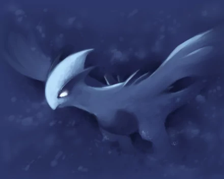 A dynamic HD desktop wallpaper featuring Lugia, the iconic Pokémon, set against a deep blue background, capturing its majestic and powerful presence in anime style.