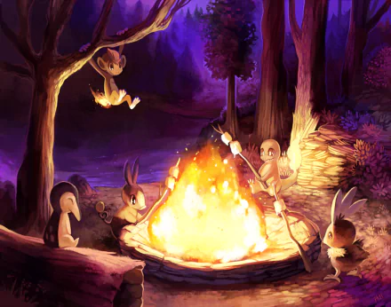 A vibrant HD wallpaper showcasing popular fire Pokémon—Charmander, Torchic, Tepig, Cyndaquil, and Chimchar—gathered around a campfire in an enchanting forest setting.
