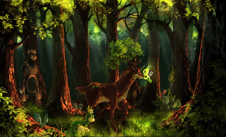 A vibrant HD anime wallpaper featuring Pokemon in a lush forest, showcasing a mythical deer alongside various playful creatures amidst towering trees and vivid greenery.