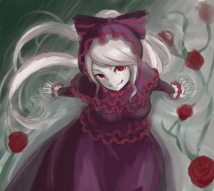 HD desktop wallpaper of Shalltear Bloodfallen from the anime Overlord, featuring her in a detailed dress with white hair and red eyes, surrounded by red roses.