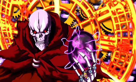 Ainz Ooal Gown stands menacingly, holding a glowing orb, set against a vibrant backdrop of gears and magical symbols, capturing the essence of the anime Overlord in stunning detail.