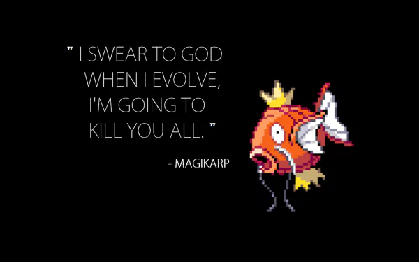 HD wallpaper featuring Magikarp from Pokémon, accompanied by a humorous quote about evolution. The vibrant image captures the iconic Pokémon's playful spirit.