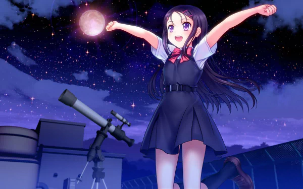Anime character from Charlotte joyfully gazing at the night sky with one arm outstretched, holding a glowing orb, next to a telescope atop a rooftop observatory. HD desktop wallpaper and background.