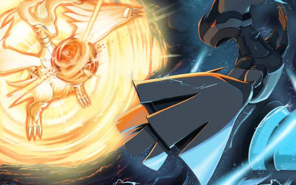 HD desktop wallpaper and background featuring a dynamic battle between the Pokémon Zekrom and Reshiram, illustrated in an anime style.