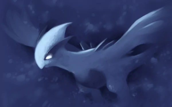 A dynamic HD desktop wallpaper featuring Lugia, the iconic Pokémon, set against a deep blue background, capturing its majestic and powerful presence in anime style.