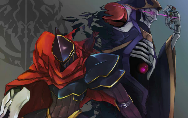 HD desktop wallpaper featuring Ainz Ooal Gown from the anime Overlord, showcasing a dynamic and detailed art style with Ainz in his iconic skeletal, robed appearance.