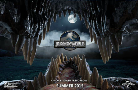 A dramatic HD desktop wallpaper from Jurassic World, featuring the iconic logo under a full moon, framed by the jaws of a dinosaur, evoking a sense of adventure and intrigue.