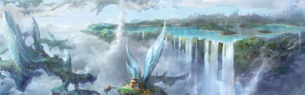 A stunning HD wallpaper from Final Fantasy XII, depicting a fantastical landscape with soaring waterfalls, lush greenery, and ethereal structures under a bright sky.