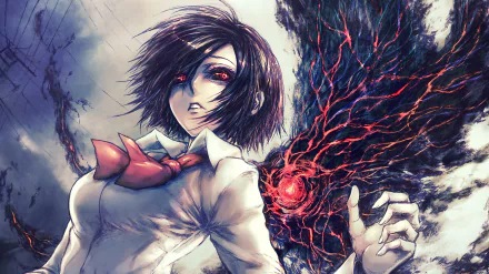 Anime character with short purple hair, red eyes, and a white shirt with a red tie from Tokyo Ghoul. The character displays a Kagune. HD wallpaper featuring Touka Kirishima in an intense scene.