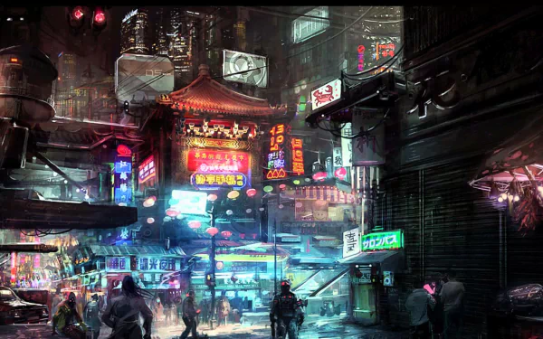HD PC desktop wallpaper depicting a vibrant cyberpunk cityscape with neon lights, futuristic signs, and bustling streets in a detailed sci-fi city environment.