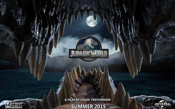 A dramatic HD desktop wallpaper from Jurassic World, featuring the iconic logo under a full moon, framed by the jaws of a dinosaur, evoking a sense of adventure and intrigue.