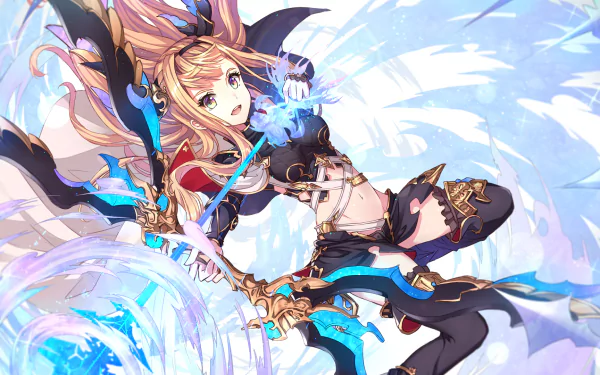 HD PC desktop wallpaper featuring a dynamic character from the video game Grand Blue Fantasy, wielding magical blue energy in an action-packed pose.