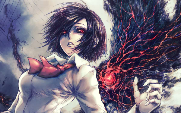 Anime character with short purple hair, red eyes, and a white shirt with a red tie from Tokyo Ghoul. The character displays a Kagune. HD wallpaper featuring Touka Kirishima in an intense scene.