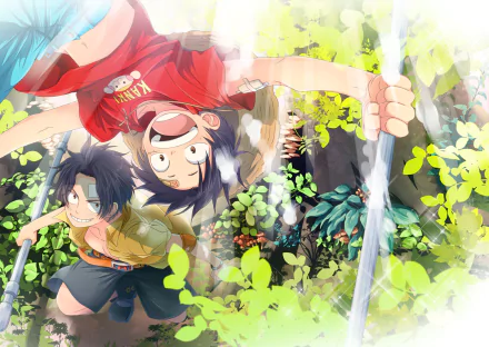 The HD wallpaper features Portgas D. Ace and Monkey D. Luffy from the anime One Piece, with lush greenery in the background.