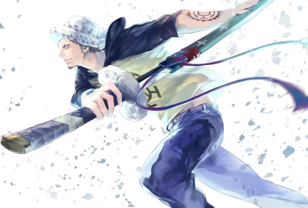 HD desktop wallpaper of Trafalgar Law from the anime One Piece, showcasing him in a dynamic pose with his sword.