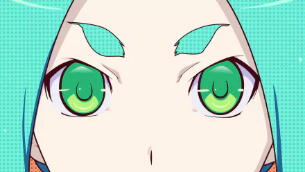 HD desktop wallpaper featuring Yotsugi Ononoki from the anime Tsukimonogatari, part of the Monogatari series. The image showcases a close-up of her green eyes with a vibrant color palette.
