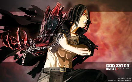 HD PC desktop wallpaper featuring Lindow Amamiya from the anime God Eater, showcasing his fierce expression and dynamic pose against a fiery background.
