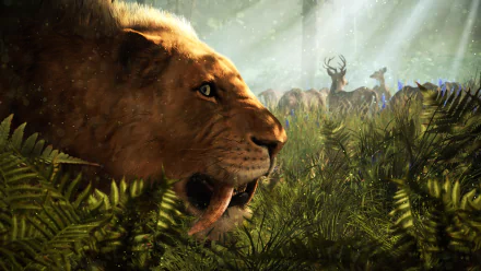 A stunning HD desktop wallpaper featuring a saber-toothed tiger amidst lush greenery from the video game Far Cry Primal, with deer visible in the background bathed in sunlight.