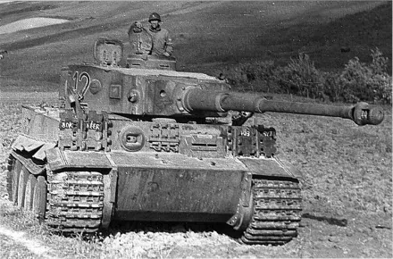 Black-and-white 2K Quad HD PC desktop wallpaper showing a military Tiger I heavy tank advancing across a field, crew visible in the open turret.