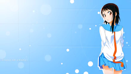 A vibrant HD wallpaper featuring Kosaki Onodera from the anime Nisekoi, showcasing her short brown hair and brown eyes in a school uniform against a soft blue background.