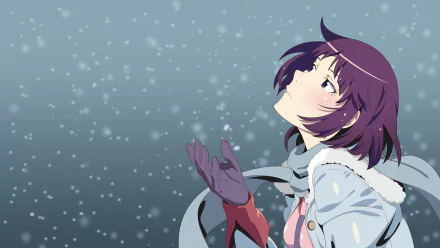 A snowy scene featuring Hitagi Senjōgahara from Bakemonogatari, showcasing her purple hair and thoughtful expression, captured in vibrant 4K Ultra HD for a striking wallpaper.