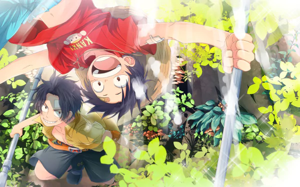 The HD wallpaper features Portgas D. Ace and Monkey D. Luffy from the anime One Piece, with lush greenery in the background.
