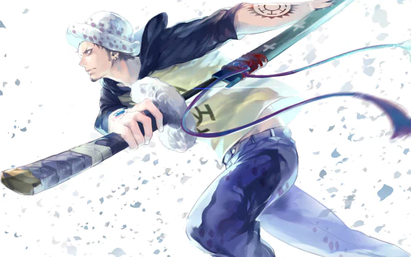 HD desktop wallpaper of Trafalgar Law from the anime One Piece, showcasing him in a dynamic pose with his sword.