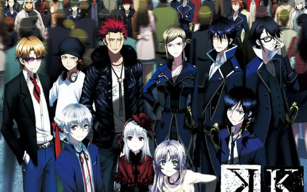 A vibrant HD wallpaper featuring characters from K Project, including Saruhiko Fushimi, Reisi Munakata, and Mikoto Suoh, set against a bustling background.