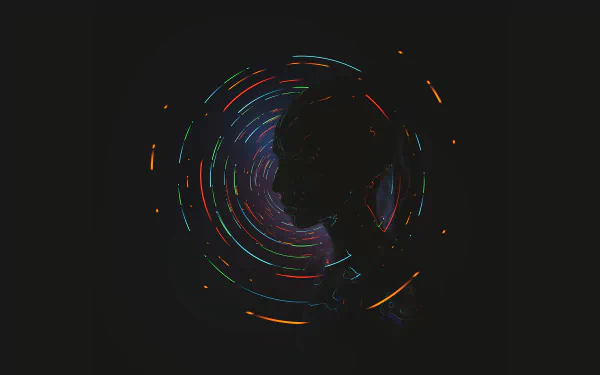 Artistic silhouette of a human head with swirling colorful light trails on a dark background, rendered in stunning 4K Ultra HD for PC desktop wallpaper.