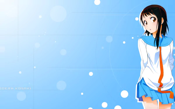 A vibrant HD wallpaper featuring Kosaki Onodera from the anime Nisekoi, showcasing her short brown hair and brown eyes in a school uniform against a soft blue background.