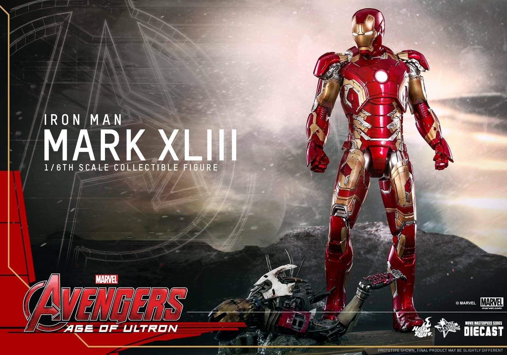 HD PC desktop wallpaper featuring Iron Man Mark XLIII from Avengers: Age of Ultron, showcasing the iconic red and gold armor in a dynamic pose.