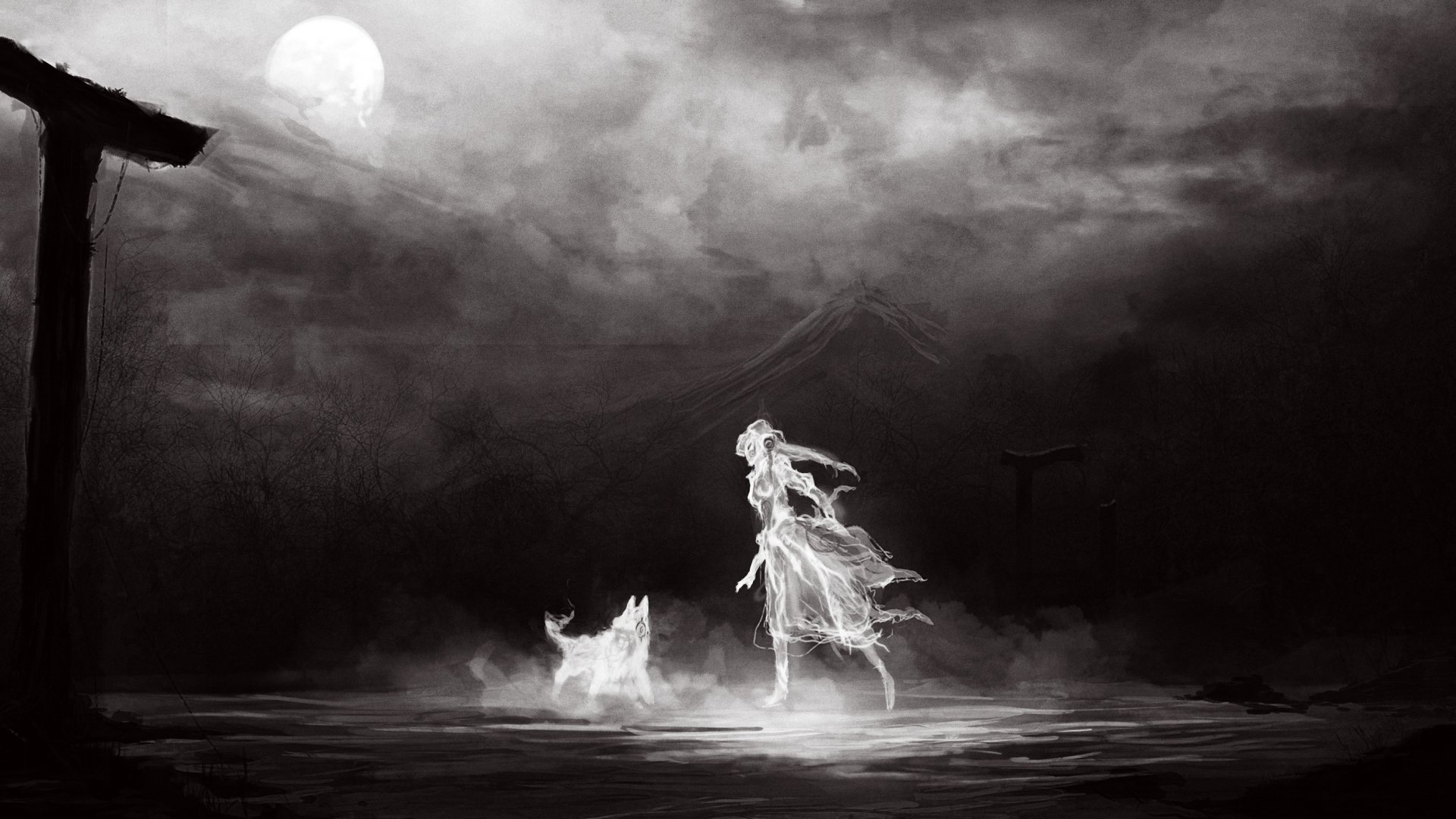 A dark and ethereal scene captures a ghostly woman walking alongside a spectral dog under a full moon, embodying a captivating spirit of fantasy in this HD desktop wallpaper.