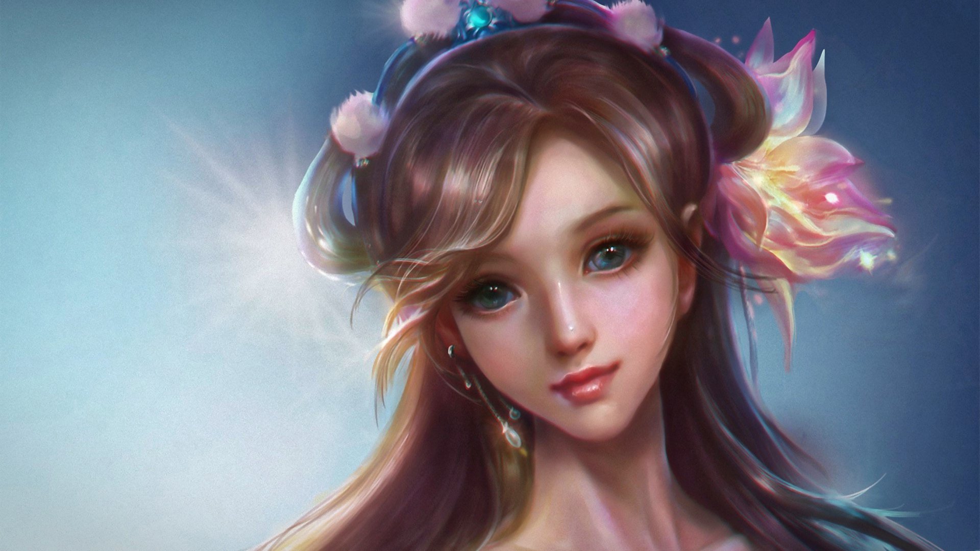 A cute anime girl with flowing hair adorned with flowers, radiating a fantasy vibe, set against a soft, luminous background. This HD wallpaper captures enchanting charm and detail.