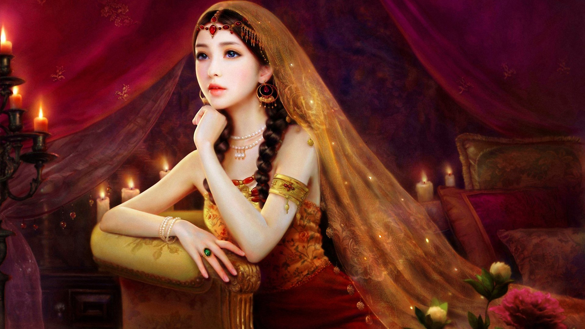 A captivating fantasy-themed HD desktop wallpaper featuring a woman adorned in elegant attire, surrounded by soft candlelight and rich decorations, creating an enchanting atmosphere.