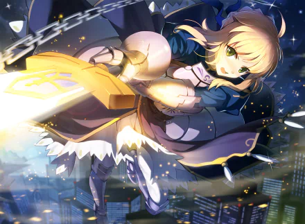 A dynamic HD desktop wallpaper featuring Saber from the Fate Series, showcasing her in an action pose with a shimmering sword against a vibrant, urban backdrop.