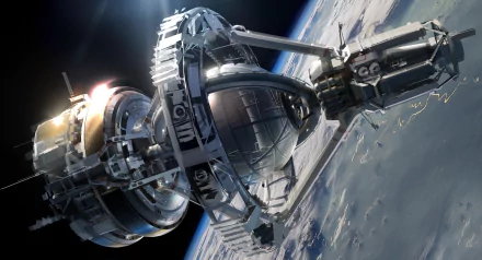 4K Ultra HD desktop wallpaper depicting a detailed space station from the movie Ender's Game orbiting above Earth.