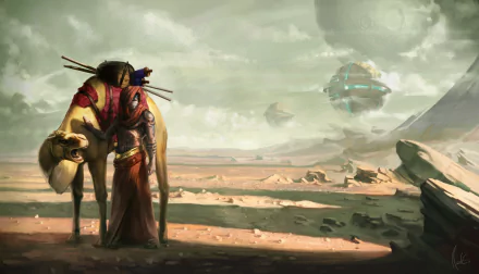 A serene desert landscape features a spaceship in the sky, alongside a figure draped in colorful attire atop a camel, creating a captivating sci-fi fantasy scene in vibrant 8K Ultra HD.