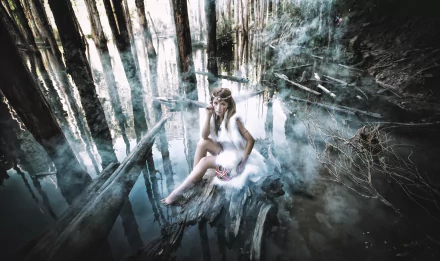 A woman in a stunning Princess Mononoke cosplay sits on a log in an ethereal forest setting, surrounded by mist and reflections, creating a captivating HD wallpaper.