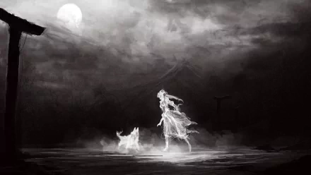 A dark and ethereal scene captures a ghostly woman walking alongside a spectral dog under a full moon, embodying a captivating spirit of fantasy in this HD desktop wallpaper.