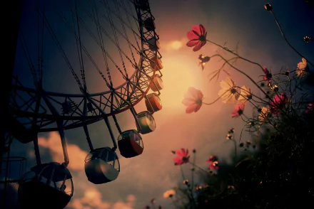 A vibrant ferris wheel silhouetted against a sunset, surrounded by colorful flowers, captures the whimsical charm of an amusement park in this HD desktop wallpaper.