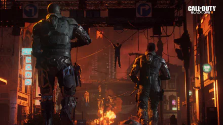 Two heavily armored soldiers survey a chaotic, fiery urban scene in this HD desktop wallpaper from the video game Call Of Duty: Black Ops III.