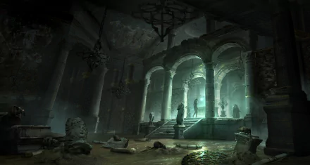 A dramatic scene from the video game Rise of the Tomb Raider, featuring an ancient, mysterious underground chamber illuminated by eerie, green light. 4K Ultra HD background.