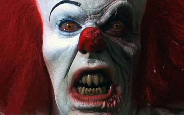 HD desktop wallpaper of Pennywise, the menacing clown from the 1990 movie It, displaying an unsettling expression with yellow eyes and sharp teeth.