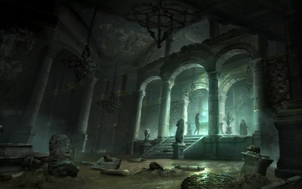 A dramatic scene from the video game Rise of the Tomb Raider, featuring an ancient, mysterious underground chamber illuminated by eerie, green light. 4K Ultra HD background.