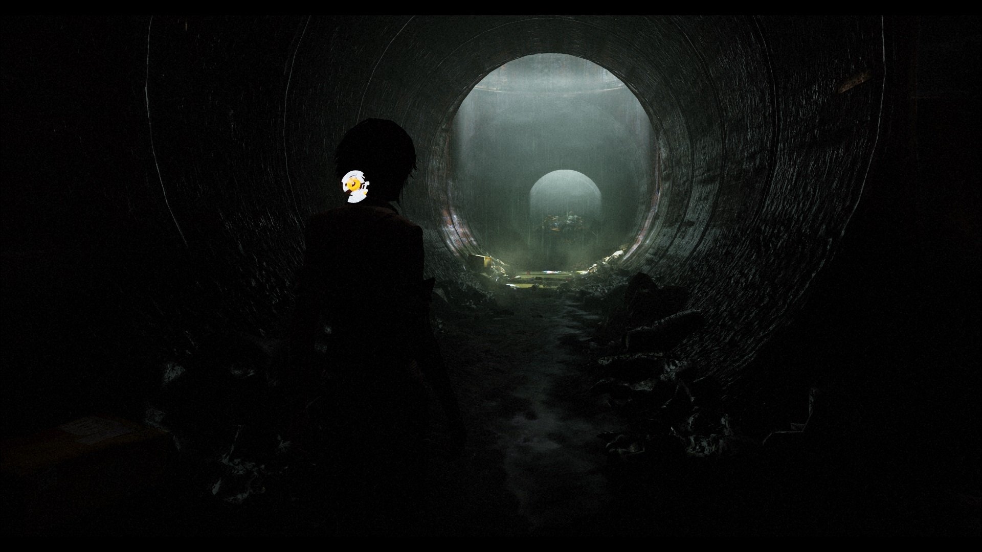 Silhouette of Nilin (Remember Me) in a dim, mossy tunnel gazing toward circular light - HD PC desktop wallpaper inspired by the Remember Me video game.