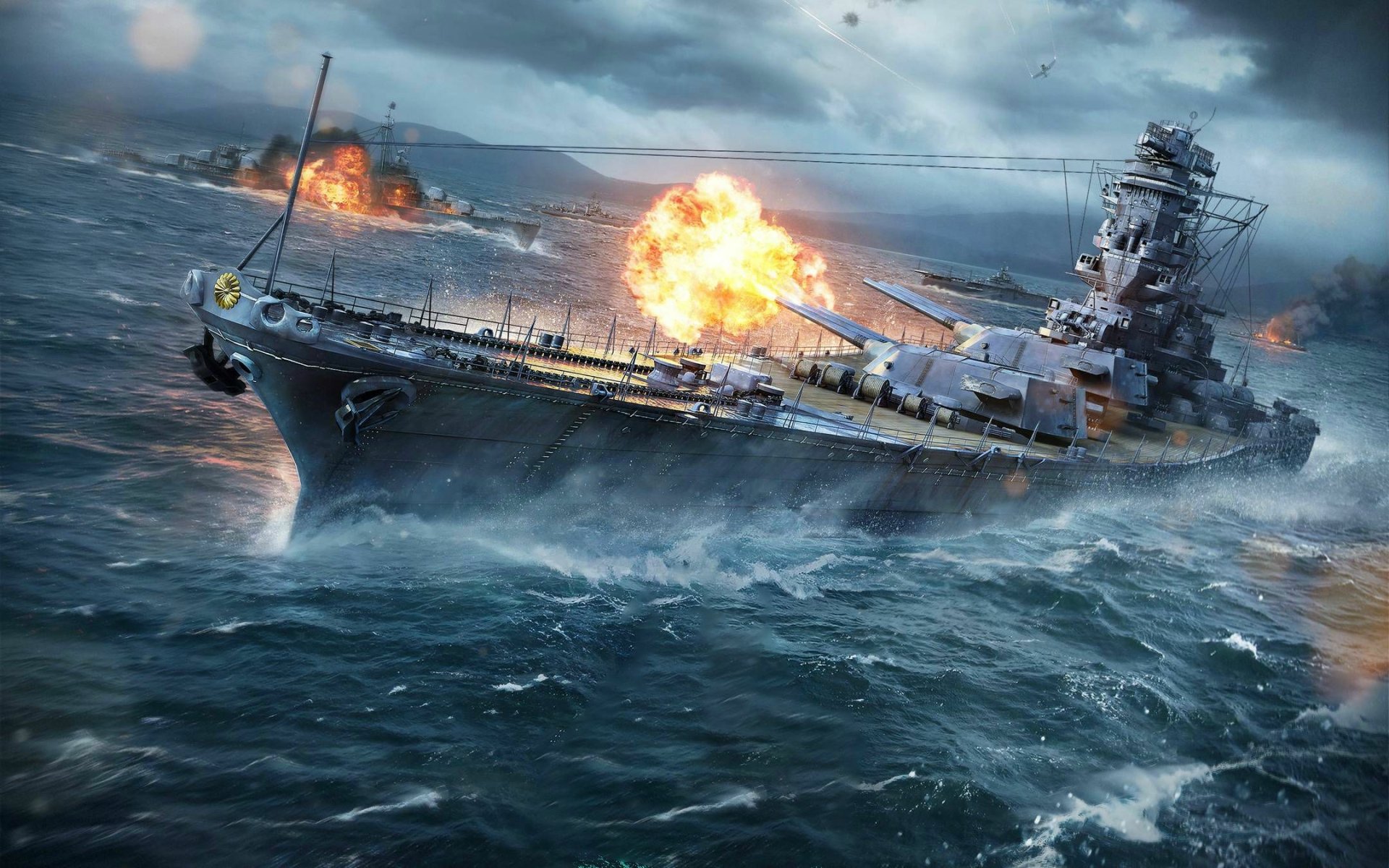 A dramatic HD wallpaper from the game World of Warships, featuring a battleship navigating turbulent waters amidst explosions and a stormy sky.