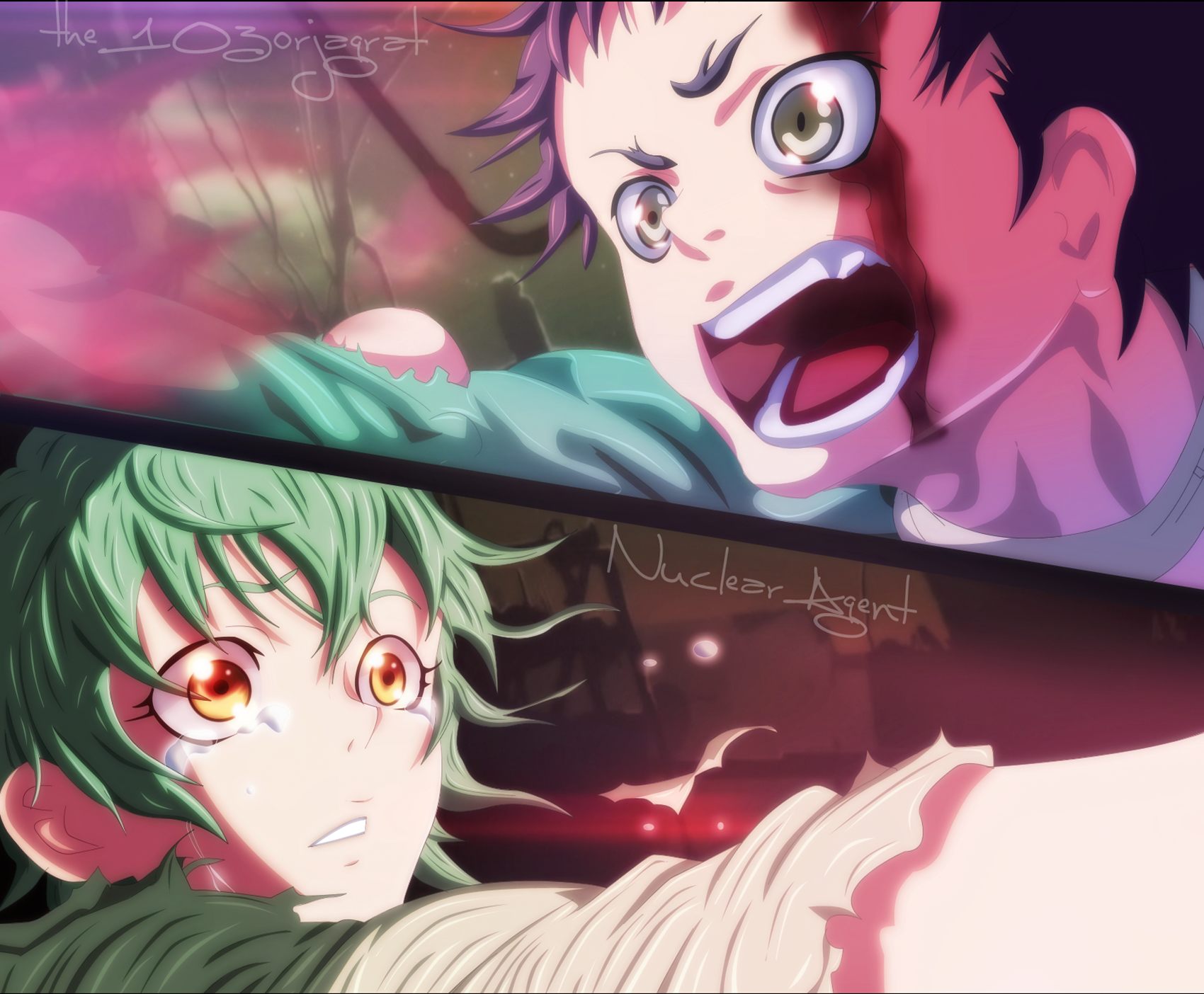 HD anime desktop wallpaper featuring Toto Sakigami and Ganta Igarashi from Deadman Wonderland in an intense, action-packed scene.