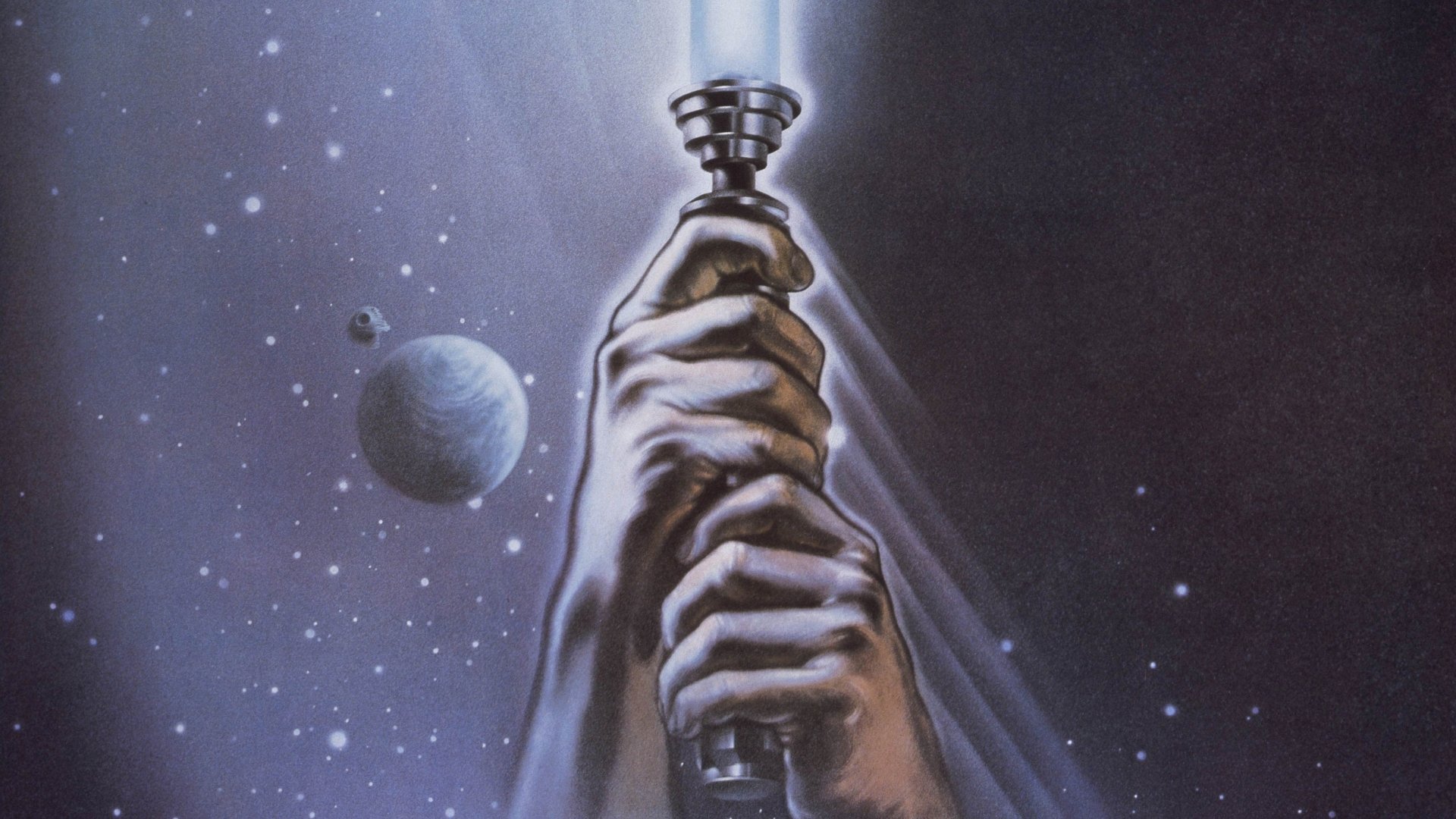 4K Ultra HD PC desktop wallpaper of Star Wars Episode VI: Return Of The Jedi showing hands clasping a lightsaber hilt against a starfield with a nearby planet.